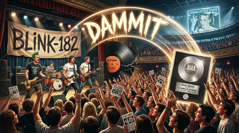 Ilustración editorial en formato cuadrado (1:1) que captura una actuación en vivo ante una multitud eufórica. En el escenario, la banda toca con energía bajo luces tenues. Una estela dorada en forma de arco envuelve la escena con la palabra "DAMMIT", conectando con un disco de vinilo y un reconocimiento brillante de certificación de platino de la RIAA sobre una base de madera, mientras el público alza las manos y carteles conmemorativos.