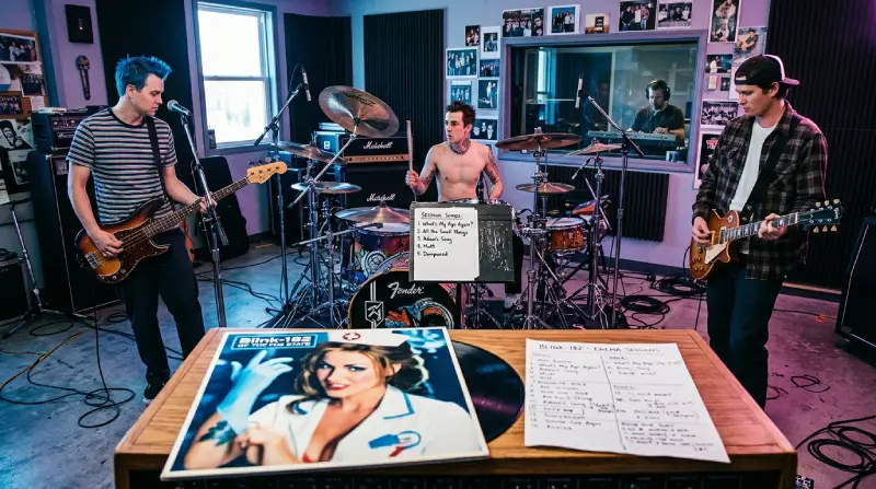 Ilustración editorial en formato cuadrado (1:1) ambientada en un estudio de grabación profesional. A la izquierda, el bajista toca un bajo de precisión; en el centro, Travis Barker toca la batería sin camiseta, flanqueado por paneles acústicos y amplificadores; a la derecha, el guitarrista interpreta su instrumento. En primer plano, sobre una mesa de madera, reposa la icónica portada del álbum Enema of the State con la enfermera enguantada junto a notas de las sesiones de grabación.
