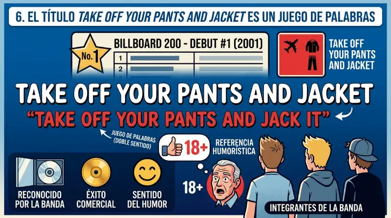Ilustración gráfica de diseño editorial e informativo en formato cuadrado (1:1). Sobre un fondo azul institucional, se destacan tipografías grandes con el título del álbum de 2001, acompañado de gráficos que explican el doble sentido humorístico, la posición número uno en la lista Billboard 200, iconos de éxito comercial y, en la esquina inferior derecha, las siluetas de tres integrantes de espaldas observando el concepto.