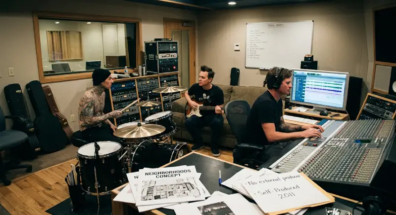 Representación de una fotografía de Travis Barker, Mark Hoppus y Tom DeLonge, en un estudio de grabación con poca luz, frente a una consola de mezclas de sonido. Travis Barker está sin camisa y tatuado, y toca una batería. Mark Hoppus tiene cabello oscuro y pinchos, y toca un bajo eléctrico. Tom DeLonge usa un gorro y mira un monitor de computadora que muestra una forma de onda de audio. En una mesa de café frente a ellos, hay un papel marcado "NEIGHBORHOODS CONCEPT" y otro marcado "SELF-PRODUCED 2011". En el fondo, hay fundas de guitarra y un monitor de computadora.