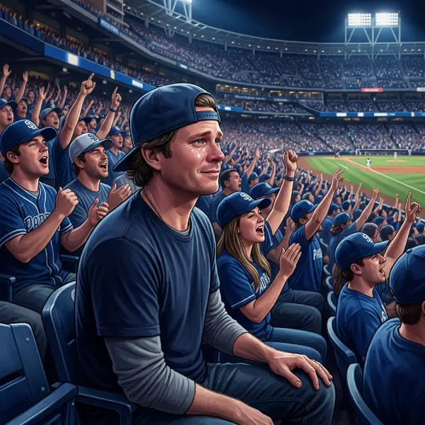 Tom DeLonge, de Blink-182, se emociona mientras miles de aficionados cantan «All the Small Things» en el estadio de los San Diego Padres.