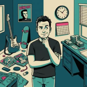 Blink-182 Debate Ilustración de una persona adulta entre objetos juveniles, como una guitarra y un monopatín, y elementos de trabajo y responsabilidades, para un debate sobre madurez inspirado en Blink-182.