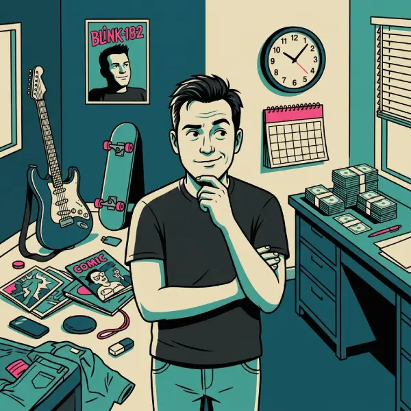 Ilustración de una persona adulta entre objetos juveniles, como una guitarra y un monopatín, y elementos de trabajo y responsabilidades, para un debate sobre madurez inspirado en Blink-182.
