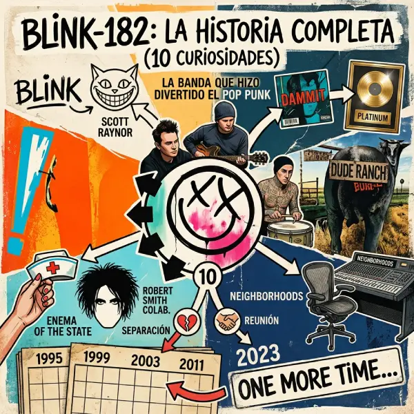 Blink-182 Destacada Una ilustración de estilo collage a color de la historia de Blink-182. El centro de la imagen presenta un logotipo de cara sonriente rosa y blanco de Blink-182. Alrededor del logotipo, hay varios elementos ilustrados, incluyendo: el logotipo original "BLINK", el gato de la portada del álbum "Cheshire Cat", los miembros de la banda Mark Hoppus, Tom DeLonge y Travis Barker, una copa con la inscripción "DAMMIT", un registro de platino, un toro con una señal de tráfico que dice "DUDE RANCH", una enfermera de la portada del álbum "Enema of the State", Robert Smith de The Cure, una consola de mezclas de sonido con la inscripción "NEIGHBORHOODS", un corazón roto y un apretón de manos con las inscripciones "SEPARACIÓN" y "REUNIÓN", un calendario con los años "1995", "1999", "2003" y "2011", y una señal con la frase "ONE MORE TIME...". El texto "BLINK-182: LA HISTORIA COMPLETA (10 CURIOSIDADES)" está en la parte superior de la imagen. El texto "LA BANDA QUE HIZO DIVERTIDO EL POP PUNK" está en el centro. La imagen tiene un fondo texturizado de color naranja y azul.