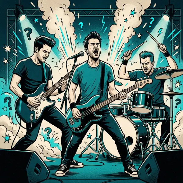 Ilustración de una banda de pop-punk en concierto para una trivia difícil sobre la carrera musical de Blink-182.