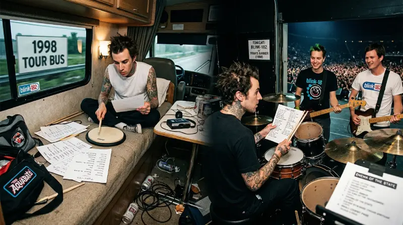 Ilustración editorial en formato horizontal (1:1 / doble viñeta) que contrasta dos momentos del tour de 1998. En la mitad izquierda, el baterista Travis Barker, con tatuajes en los brazos, está sentado en el interior de un autobús de gira revisando hojas con listas de canciones sobre una libreta de prácticas. En la mitad derecha, se le ve tocando enérgicamente la batería sobre un escenario en vivo frente a una multitud, con los demás integrantes de la banda tocando a su lado.