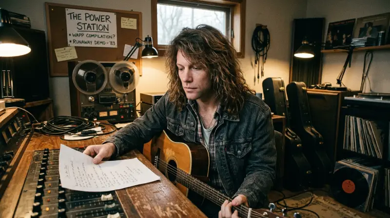 Fotografía en formato panorámico (16:9) que muestra a un joven Jon Bon Jovi en los años 80 sentado en un estudio de grabación con una guitarra acústica, mirando notas musicales sobre una mesa con equipos de sonido analógicos y cintas de cassette de fondo.