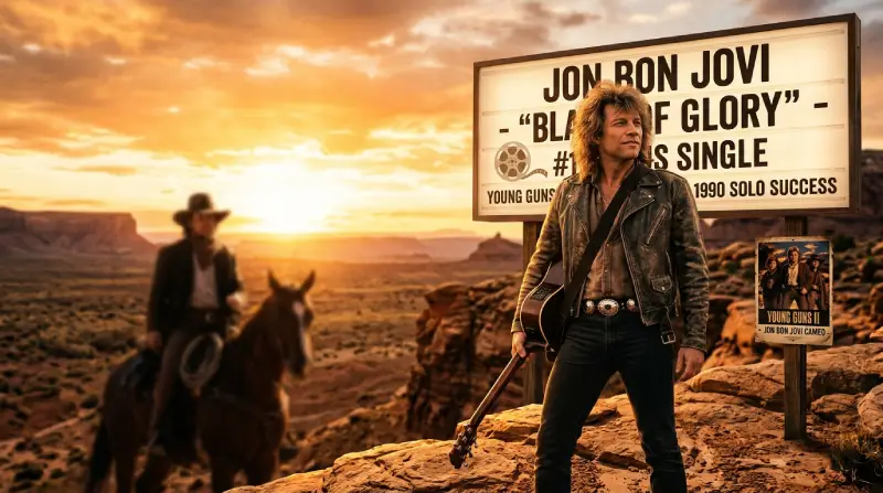 Fotografía en formato panorámico (16:9) de Jon Bon Jovi en solitario con chupa de cuero y guitarra frente a un gran cartel luminoso que anuncia su éxito número uno «Blaze of Glory» para la película Young Guns II, con un paisaje desértico al atardecer.