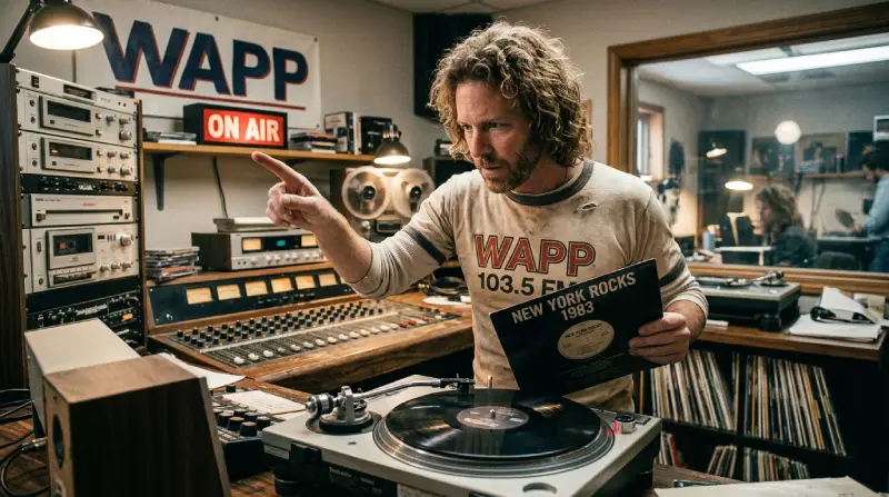 Fotografía en formato panorámico (16:9) que muestra a un DJ de la emisora WAPP en una cabina de radio de los años 80, señalando con el dedo hacia una mesa de mezclas mientras sostiene un disco de vinilo de la recopilación New York Rocks 1983.