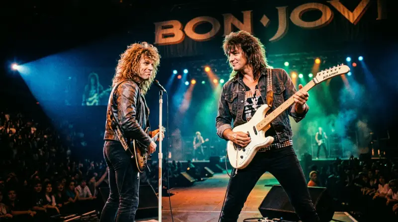 Fotografía en formato panorámico (16:9) en la que Jon Bon Jovi y Richie Sambora aparecen tocando juntos sobre el escenario en un concierto de rock de los años 80, con guitarras eléctricas, luces de colores y un público entregado al fondo.