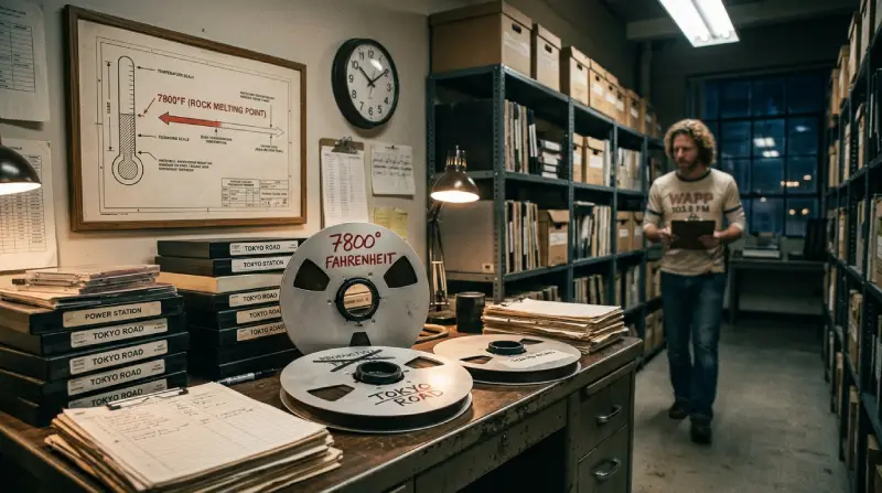 Fotografía en formato panorámico (16:9) de una mesa en un archivo o estudio de música en los años 80, con carretes de cinta de audio etiquetados como «Tokyo Road» y «7800° Fahrenheit», junto a un gráfico de temperatura de fusión del rock colgado en la pared.