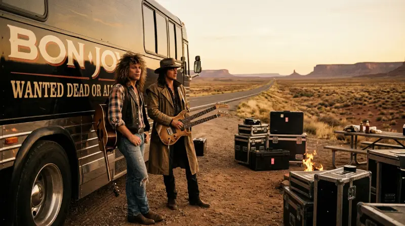 Fotografía en formato panorámico (16:9) de Jon Bon Jovi y Richie Sambora vestidos con estética vaquera junto a un autobús de gira con el nombre de la banda, en un paisaje de carretera desértica al atardecer durante una gira de conciertos.