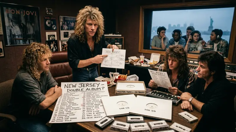 Fotografía en formato panorámico (16:9) que muestra a los miembros de Bon Jovi en un estudio de grabación rodeados de hojas con listados de canciones y cintas de cassette, debatiendo sobre los 34 temas candidatos para el álbum doble New Jersey.