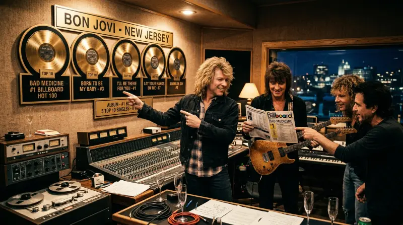 Fotografía en formato panorámico (16:9) de la banda en un estudio de grabación celebrando con discos de oro en la pared, los cuales exhiben los éxitos musicales y los primeros puestos obtenidos en las listas de Billboard.