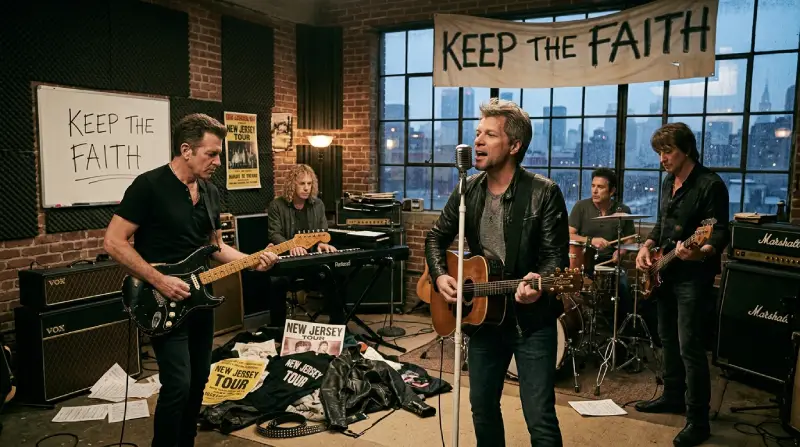 Fotografía en formato panorámico (16:9) de Bon Jovi en un estudio de ensayo a principios de los años 90 con un estilo más sobrio y maduro, un cartel con el lema de Keep the Faith y guitarras eléctricas e instrumentos dispuestos para tocar.