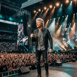 Jon Bon Jovi canta ante una multitud en un estadio durante su regreso a los escenarios con la gira Forever Tour.