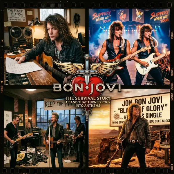 Bon Jovi Destacada Imagen cuadrada (1:1) de composición estilo collage que resume la historia de Bon Jovi. En el centro incluye el icónico logotipo del corazón con la daga y las alas de la banda junto con el título sobre su historia de supervivencia. Está dividida en cuatro paneles que muestran: a Jon Bon Jovi en sus inicios grabando la maqueta de «Runaway», a la banda en pleno concierto durante los años 80, en el estudio durante la época de la reinvención en los años 90, y a Jon Bon Jovi en solitario junto a un cartel de su éxito «Blaze of Glory».