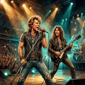 Bon Jovi Trivia Ilustración de una banda de rock en un concierto de estadio para una trivia sobre la carrera musical de Bon Jovi.