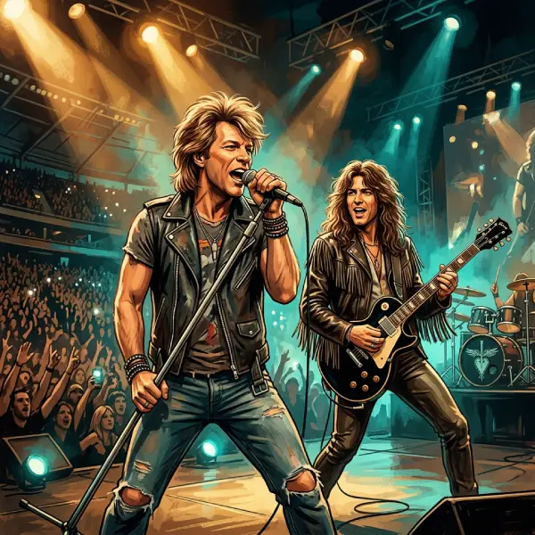 Ilustración de una banda de rock en un concierto de estadio para una trivia sobre la carrera musical de Bon Jovi.