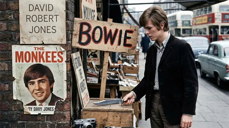 David Bowie joven en los años 60 junto a un cartel de Davy Jones de The Monkees y la representación de un cuchillo Bowie.