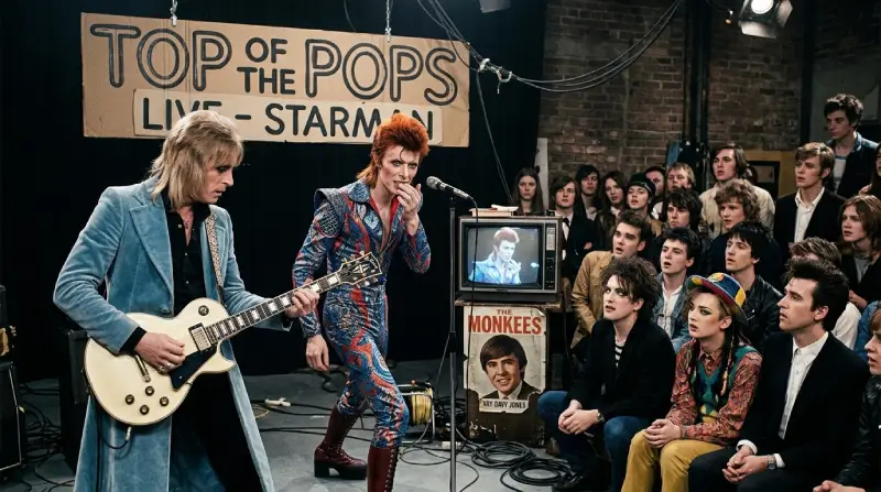 David Bowie actuando como Ziggy Stardust en Top of the Pops en 1972 mientras jóvenes músicos lo observan deslumbrados.