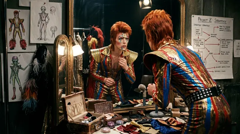 David Bowie frente al espejo del camerino transformándose en Ziggy Stardust junto a bocetos y esquemas de vestuario.