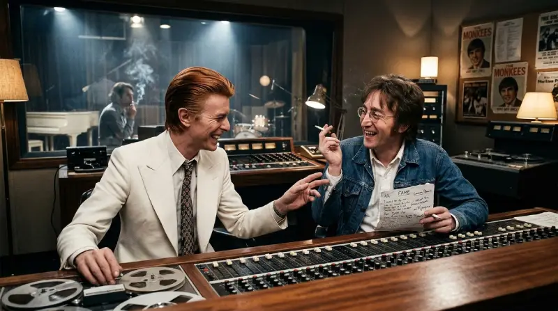 David Bowie y John Lennon colaborando sonrientes dentro de un estudio de grabación con las partituras del tema Fame.