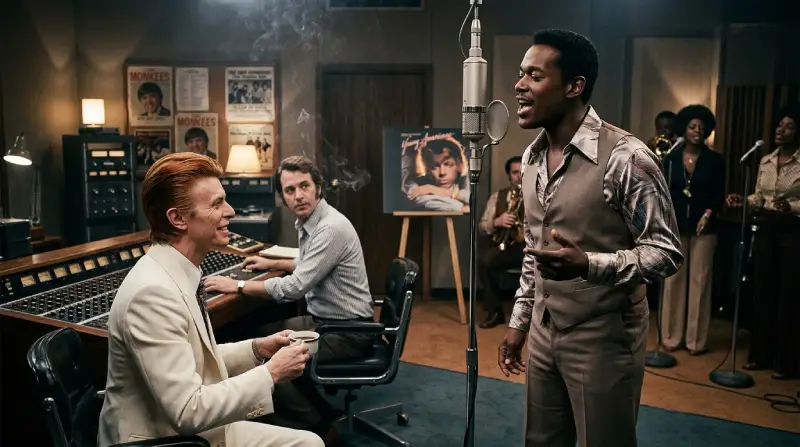 David Bowie en el estudio de grabación escuchando a un joven Luther Vandross cantar frente al micrófono en 1975.