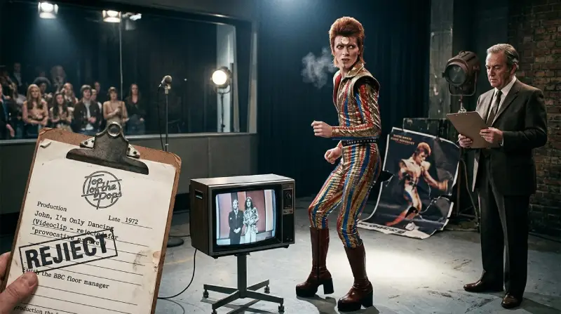 David Bowie caracterizado como Ziggy Stardust junto a un informe de producción de Top of the Pops marcado como rechazado.