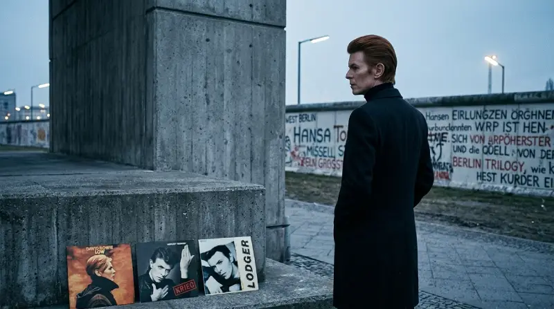 David Bowie con abrigo en Berlín Occidental junto al Muro de Berlín y los tres vinilos de Low, Heroes y Lodger.