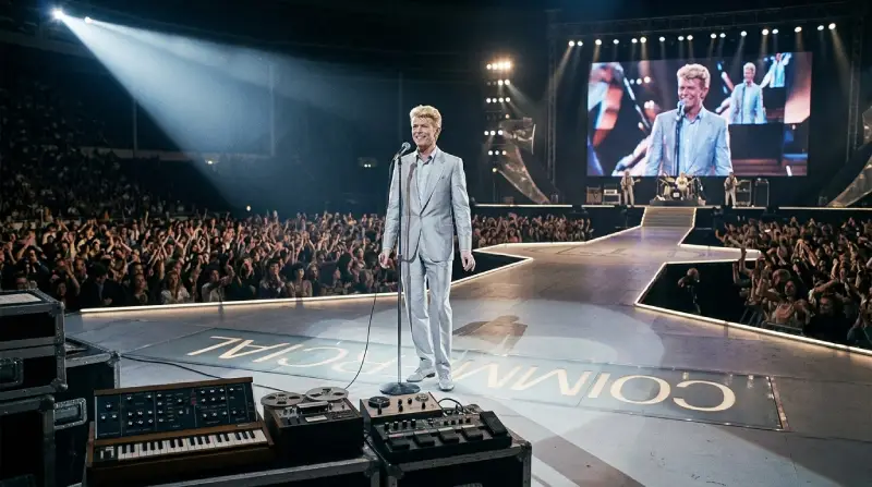 David Bowie con traje elegante en un escenario multitudinario durante la época de su exitoso álbum Let's Dance en 1983.