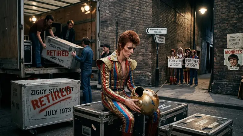 David Bowie sentado sobre cajas de transporte de gira etiquetadas como Ziggy Stardust retirado en julio de 1973.