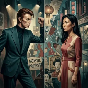 David Bowie Curiosidad Debate Ilustración de David Bowie y una mujer asiática en una composición simbólica sobre el racismo, los estereotipos culturales y la controversia de “China Girl”.