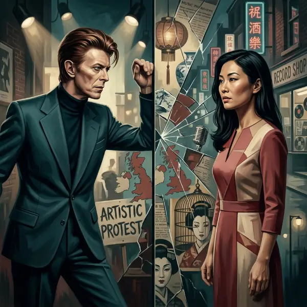 Ilustración de David Bowie y una mujer asiática en una composición simbólica sobre el racismo, los estereotipos culturales y la controversia de “China Girl”.