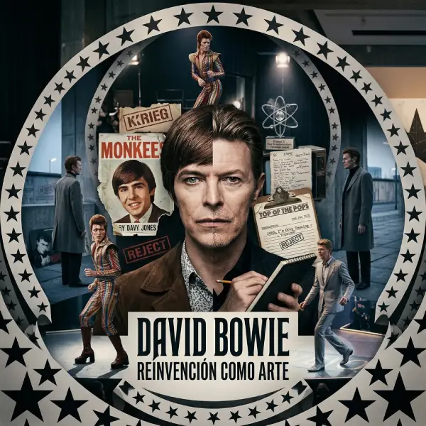 David Bowie Curiosidad Destacada Ilustración conceptual de las transformaciones de David Bowie a lo largo de su carrera, desde Ziggy Stardust hasta Blackstar.