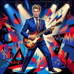 David Bowie Curiosidad Trivia Ilustración inspirada en la etapa pop de David Bowie en 1983, con luces de escenario, formas geométricas y una guitarra eléctrica para representar la trivia del álbum Let's Dance.