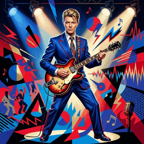 Ilustración inspirada en la etapa pop de David Bowie en 1983, con luces de escenario, formas geométricas y una guitarra eléctrica para representar la trivia del álbum Let's Dance.