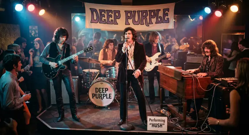 Fotografía estilo vintage de 1968 que muestra a la primera formación de Deep Purple (Mark I) actuando en un pequeño club nocturnos con luces de colores. Se ve a Rod Evans cantando al micrófono, Ritchie Blackmore tocando su guitarra, Jon Lord en el órgano Hammond, Nick Simper en el bajo y e Ian Paice en la batería, con un cartel de la banda de fondo.