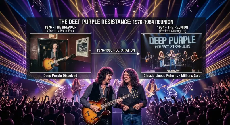 Composición gráfica de estilo retrospectivo que contrasta la etapa de separación y disolución de la banda en 1976 con su triunfal reunión en 1984 bajo el lema de Perfect Strangers, mostrando la mítica alineación clásica reunida frente a una gran multitud en un concierto con efectos láser.