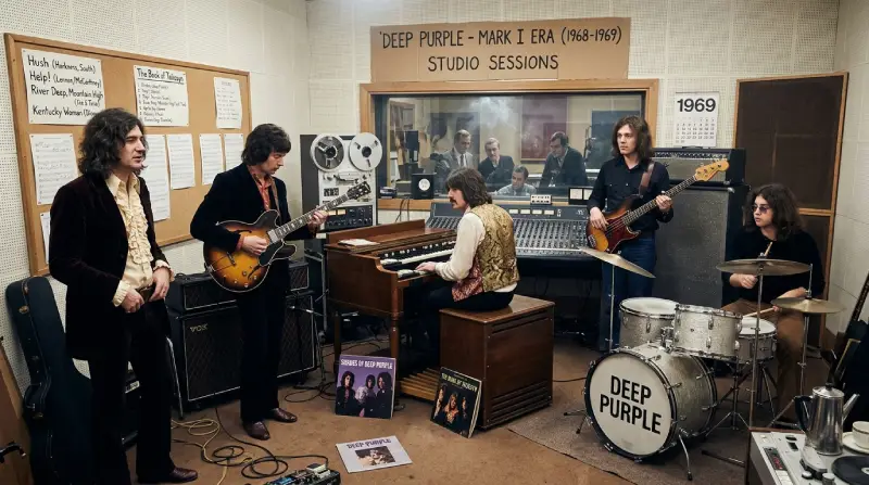 Escena de estudio de 1969 en la que aparece la alineación original de Deep Purple rodeada de equipos de grabación de la época, micrófonos y vinilos sobre el suelo. En las paredes se aprecian pizarras con anotaciones de sus primeros temas y portadas de álbumes como Shades of Deep Purple.