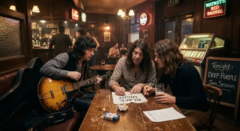 Interior de un pub británico clásico de la época con luz cálida y letreros de cerveza en la pared. Los músicos de Deep Purple están sentados alrededor de una mesa de madera escribiendo apresuradamente las sencillas letras de “Black Night” en un cuaderno, entre vasos y una caja de cigarrillos.