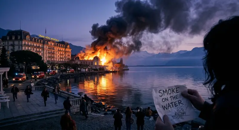 Vista nocturna a la orilla del lago Lemán en Montreux, Suiza. Al fondo, el casino de Montreux arde en llamas con una enorme columna de humo negro elevándose hacia el cielo y vehículos de bomberos estacionados. En primer plano, una persona sostiene una servilleta de papel en la que está escrito a mano “Smoke on the Water” junto a un pequeño dibujo del edificio incendiado.