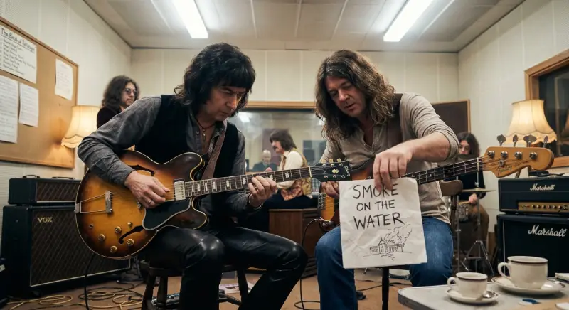 Sala de ensayo interior donde Ritchie Blackmore y el resto del grupo discuten ideas musicales con instrumentos conectados a amplificadores Marshall y Vox. Sobre una mesa cercana reposan tazas de café y notas arrugadas, reflejando el ambiente casual de aquella rápida improvisación.