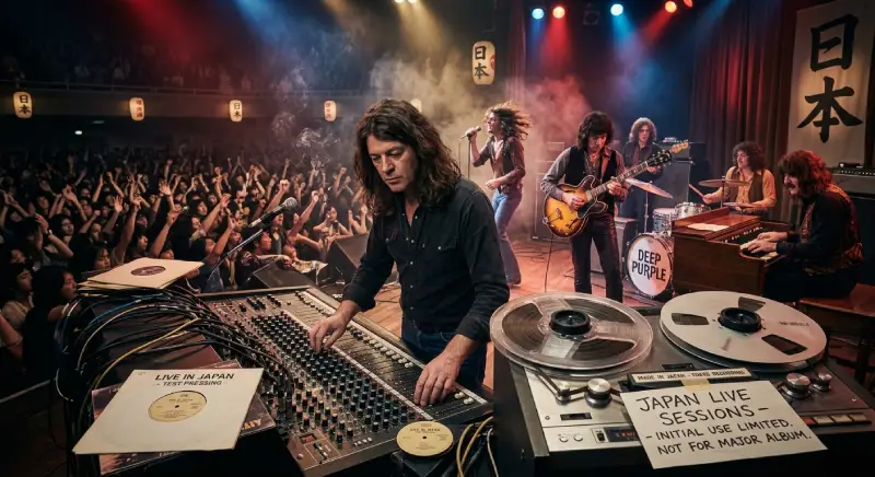 Escenario de un concierto en Japón abarrotado de fanáticos entusiastas bajo luces de colores y carteles con caracteres japoneses. En primer plano, una mesa de mezclas de estudio y un grabador de cinta abierta de bobinas capturan el ambiente de las sesiones en directo.