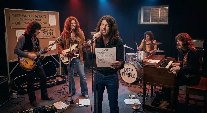 Ensayo del grupo durante la transición al Mark III en 1974. David Coverdale sostiene el micrófono y una hoja con las letras de “Burn”, acompañado por Glenn Hughes con su bajo de P-Bass con flecos, Ritchie Blackmore a la guitarra, Jon Lord en el órgano y e Ian Paice en la batería.