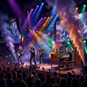 Ilustración de un concierto de hard rock con órgano Hammond, guitarras eléctricas, luces púrpuras y público, inspirada en la próxima visita de Deep Purple a México.