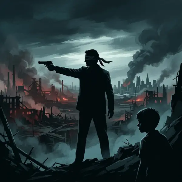 Ilustración de una figura con los ojos cubiertos que apunta hacia una ciudad bajo un cielo oscuro, mientras una persona joven observa, como símbolo de la violencia y sus consecuencias.