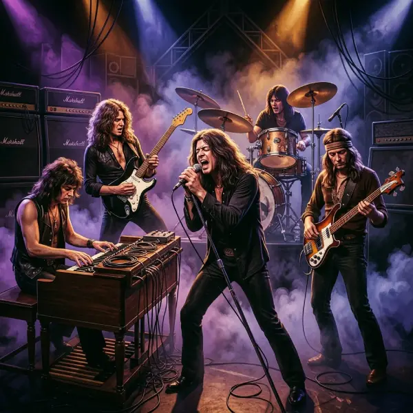 Deep Purple Curiosidad Destacada Deep Purple en una representación de su época clásica, con guitarra eléctrica, órgano Hammond y amplificadores en un escenario de hard rock.