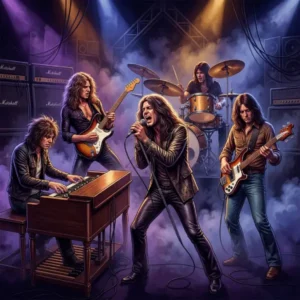 Deep Purple Curiosidad Trivia Ilustración cinematográfica inspirada en Deep Purple, con músicos de hard rock, órgano Hammond, guitarra eléctrica y luces púrpuras de escenario para una trivia de dificultad muy difícil.