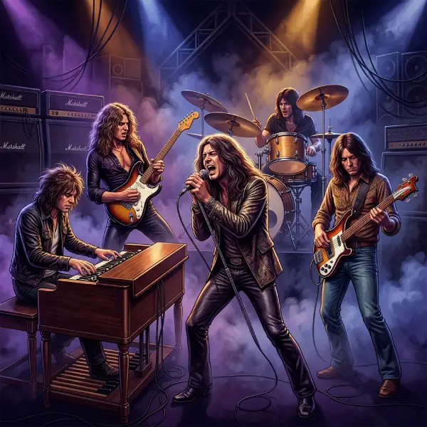 Ilustración cinematográfica inspirada en Deep Purple, con músicos de hard rock, órgano Hammond, guitarra eléctrica y luces púrpuras de escenario para una trivia de dificultad muy difícil.